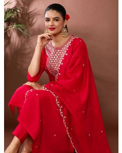 Solid Embroidered Chanderi Cotton Kurta & Trousers Sets-VX- 103 Pink