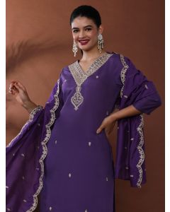 Solid Embroidered Chanderi Cotton Kurta & Trousers Sets-VX- 106 Lavender