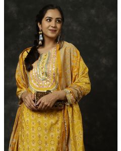 Mustard Bandhani Mirror Work Kurta With Sharara And Dupatta